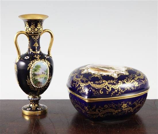 A Coalport jewelled twin handled vase and a heart shaped box and cover, late 19th century, vase 16cm, restored